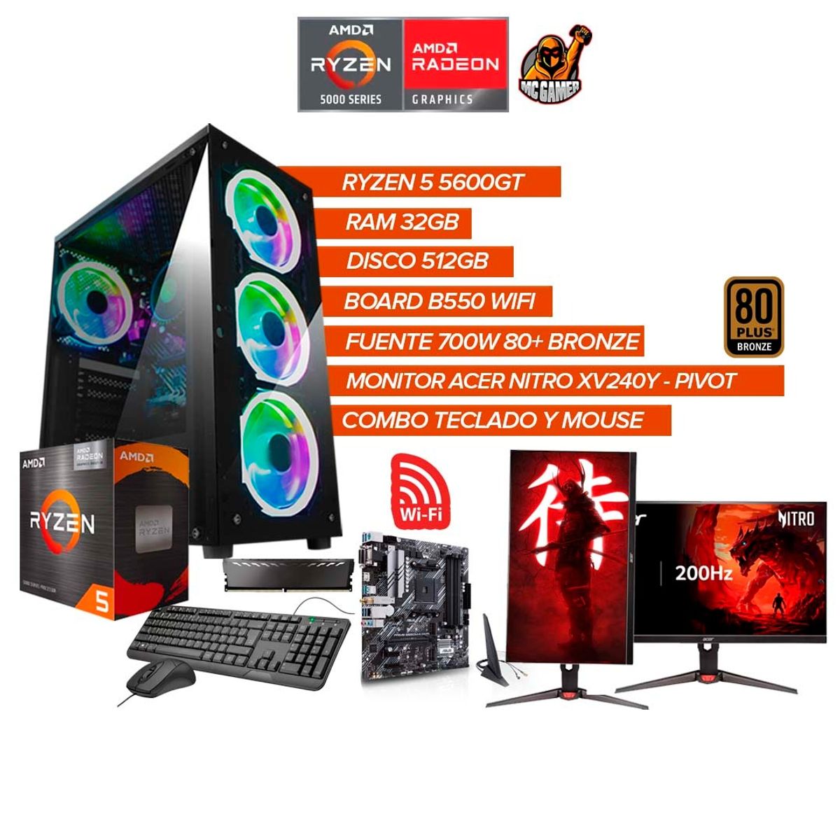 AMD - Torre Gamer Ryzen 5 5600GT/RAM 32GB/512GB/Monitor Acer 200Hz PIVOT/B550 Wi-Fi
