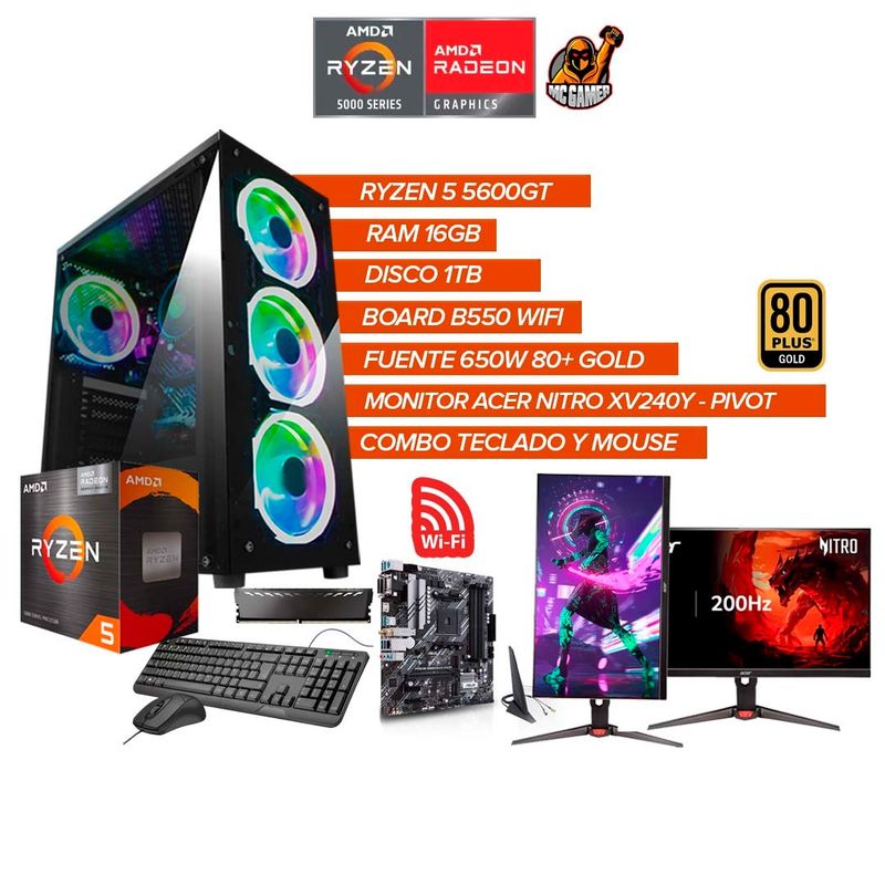 AMD - PC Gamer Ryzen 5 5600GT /RAM 16GB/ SSD 1TB/ Monitor Acer 200Hz/ WiFi / 650W GOLD