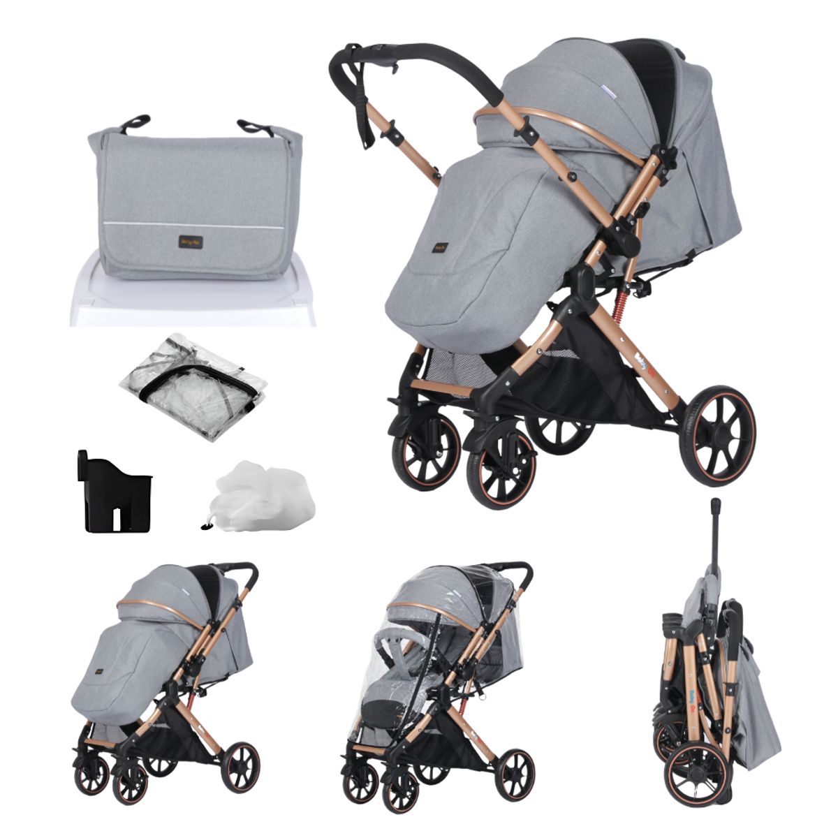 BABY ON - Coche de bebé BabyOn Evolution Reversible Gris+ Pañalera