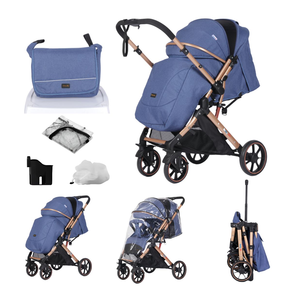 BABY ON - Coche de bebé BabyOn Evolution Reversible Azul + Pañalera