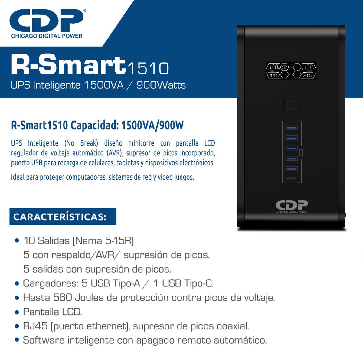 CDP - UPS Interactiva CDP R-smart 1510 1500va, 10 Tomas 6 USB, LCD