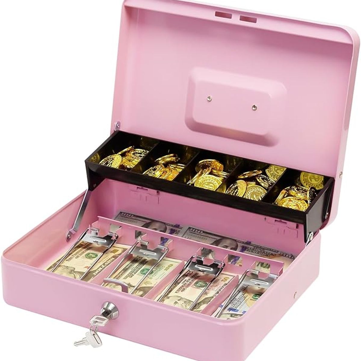 GENERICO - Caja de dinero rosa con bandeja para efectivo