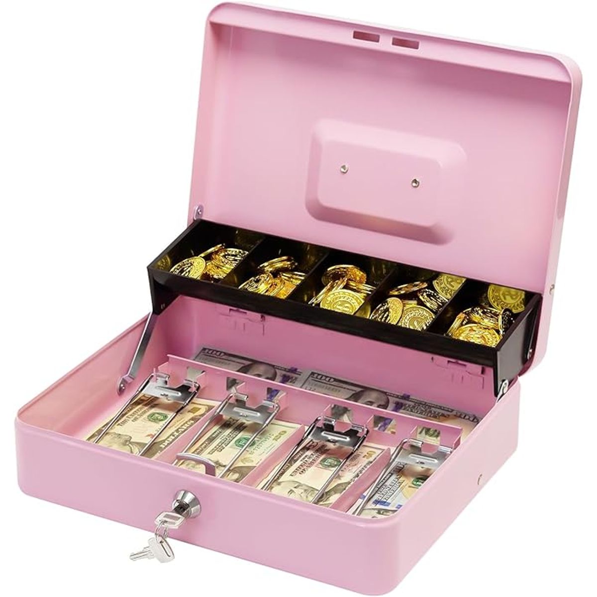 GENERICO - Caja de dinero rosa con bandeja para efectivo