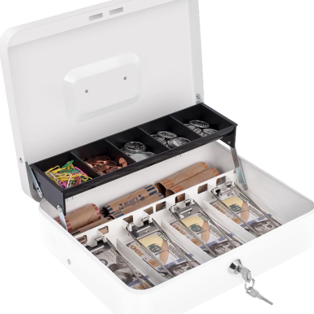 GENERICO - Caja de dinero blanca con bandeja para efectivo