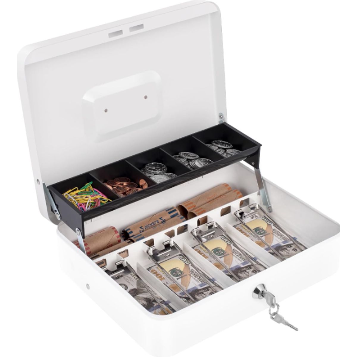 GENERICO - Caja de dinero blanca con bandeja para efectivo