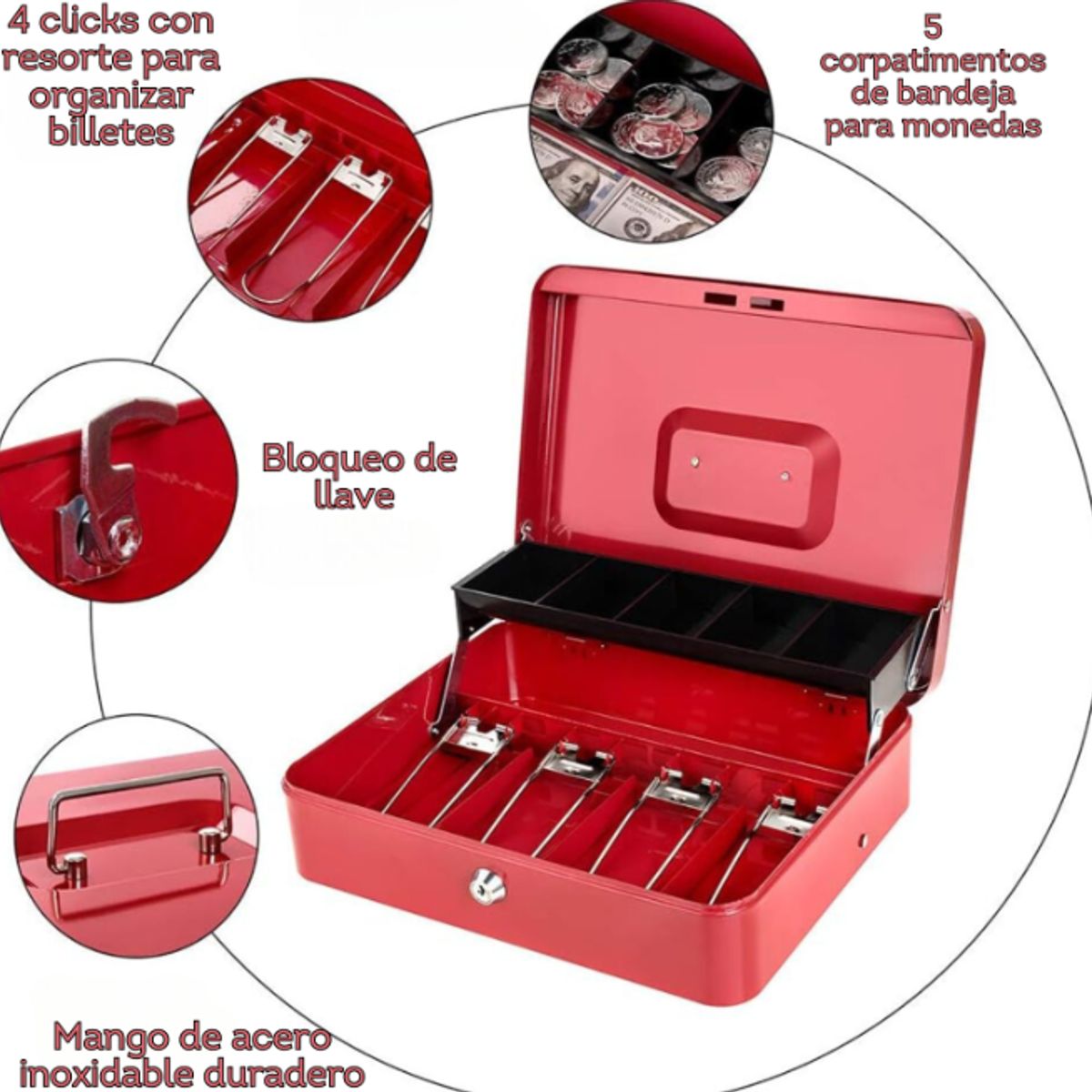 GENERICO - Caja de dinero rojo con bandeja para efectivo