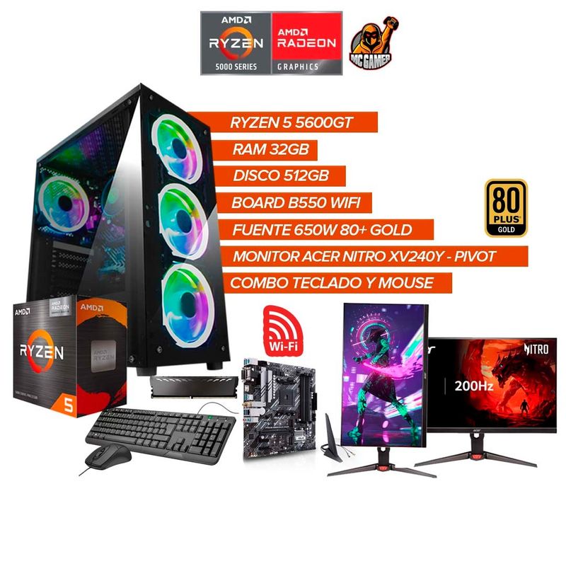 AMD - Torre Gamer Ryzen 5 5600GT/32GB/512GB/Monitor Acer 200Hz/B550 WiFi/650W 80+ GOLD