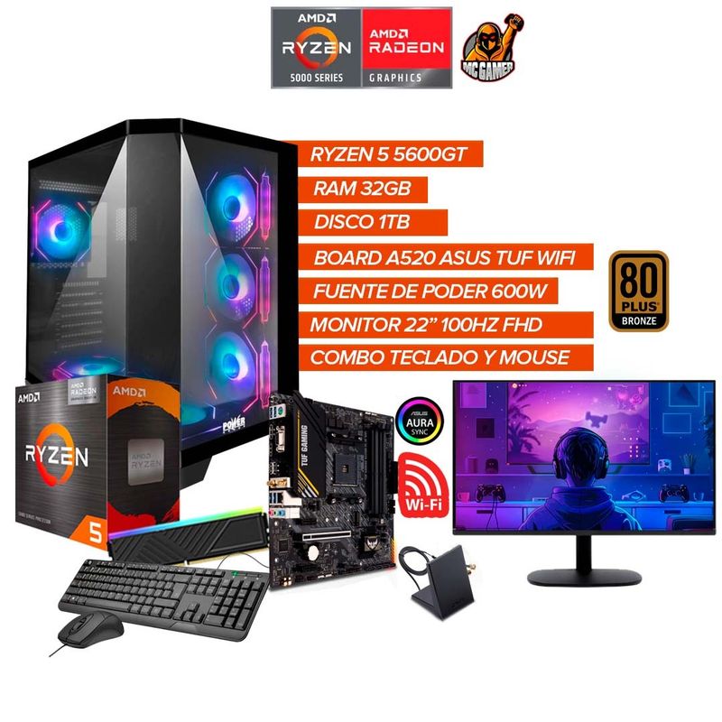 AMD - PC Gamer Ryzen 5 5600GT /RAM 32GB/SSD 1TB /Monitor 100Hz 22”/A520 WiFi /600W