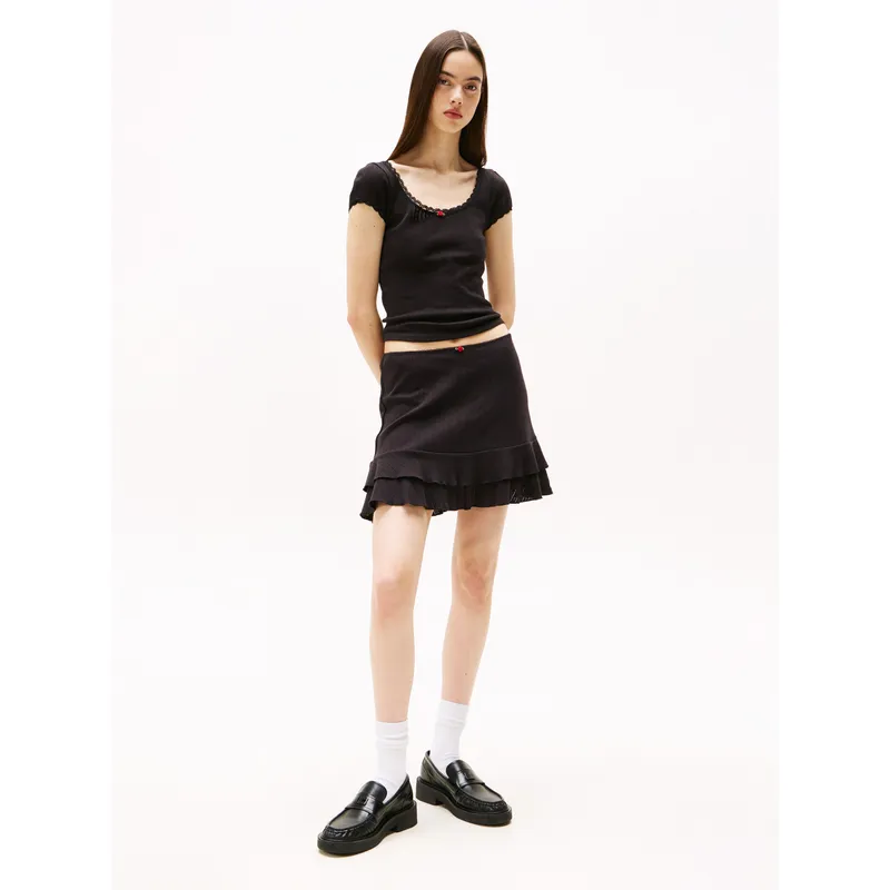 TOMMY HILFIGER - Minifalda negra punto Pointelle de corte slim Tommy Jeans