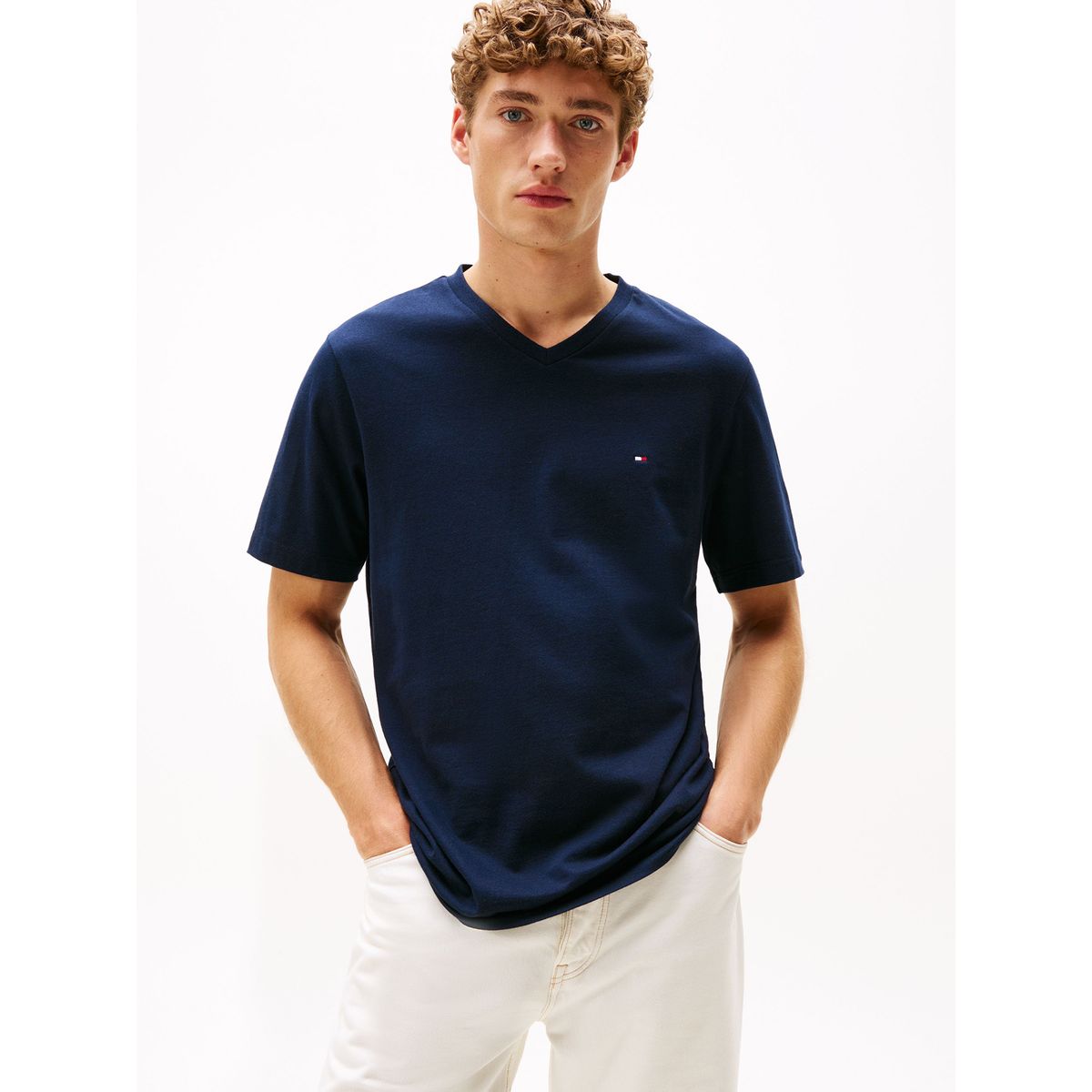 TOMMY HILFIGER - Camiseta azul de Cuello en V Tommy Hilfiger
