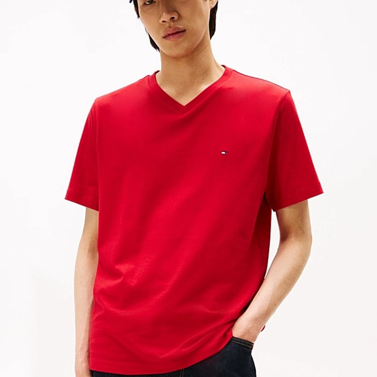 TOMMY HILFIGER - Camiseta roja de Cuello en V Tommy Hilfiger