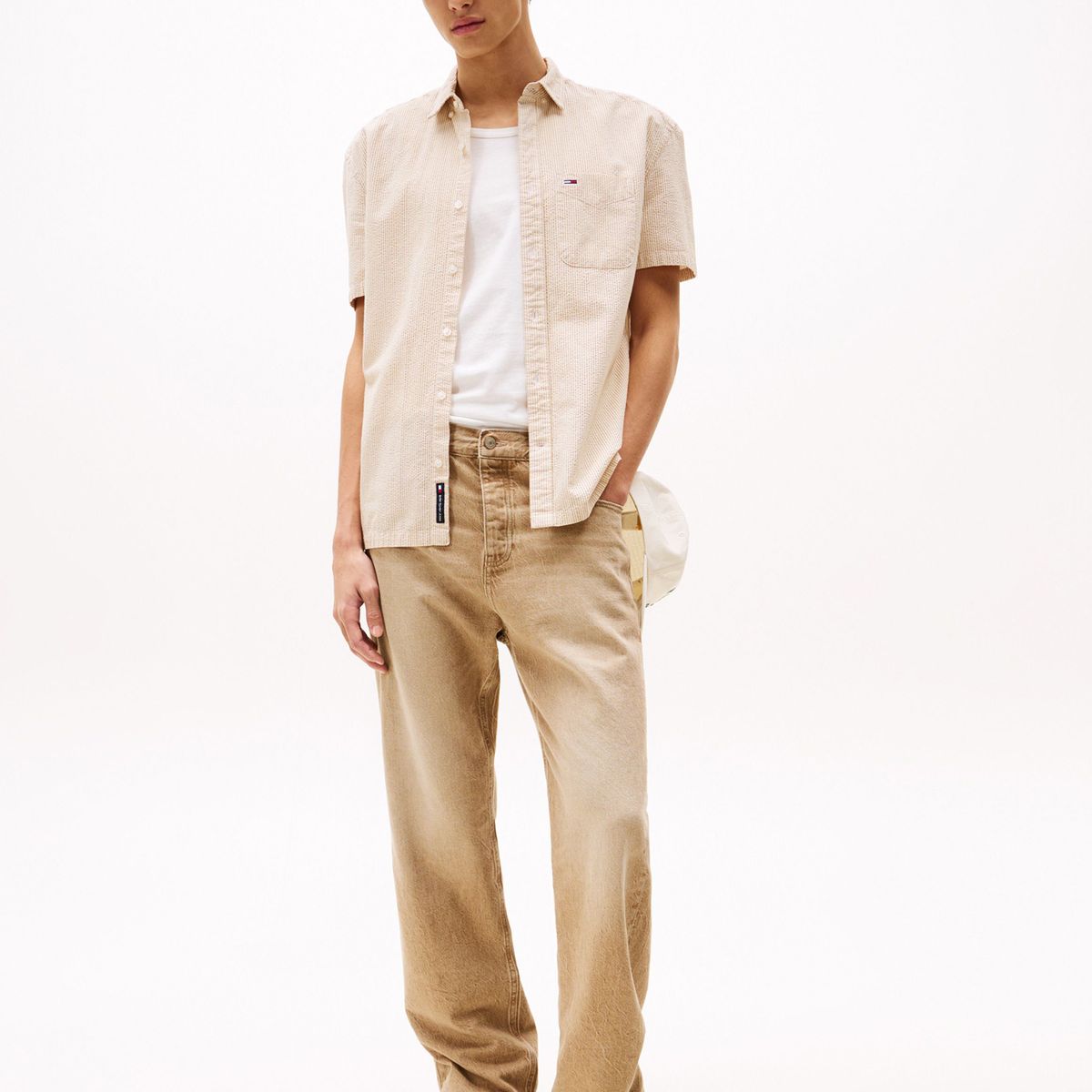 TOMMY HILFIGER - Camisa beige de rayas con manga corta Tommy Jeans