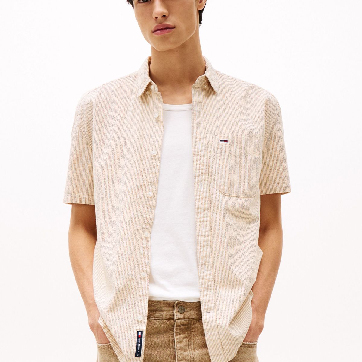 TOMMY HILFIGER - Camisa beige de rayas con manga corta Tommy Jeans