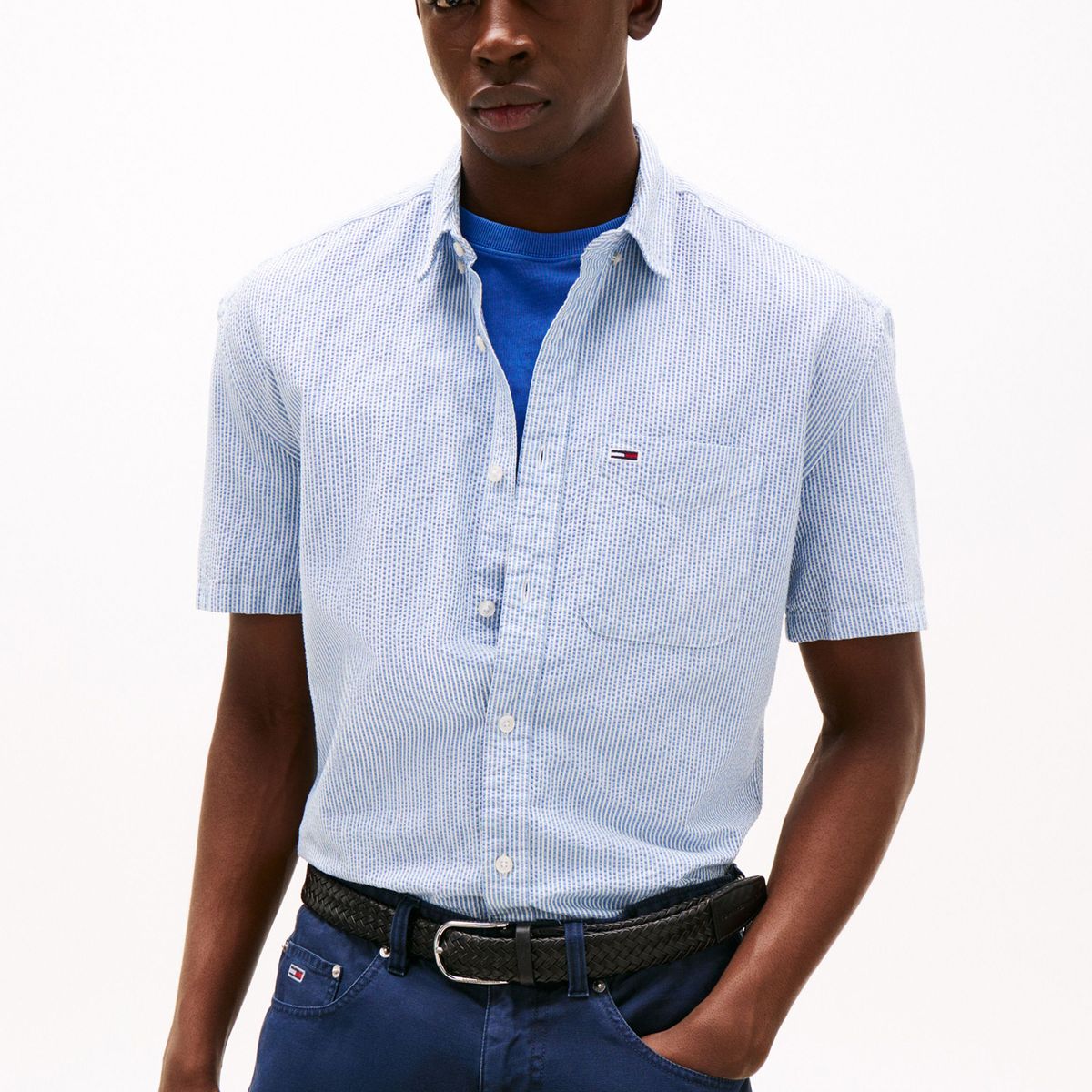 TOMMY HILFIGER - Camisa celeste de rayas con manga corta Tommy Jeans