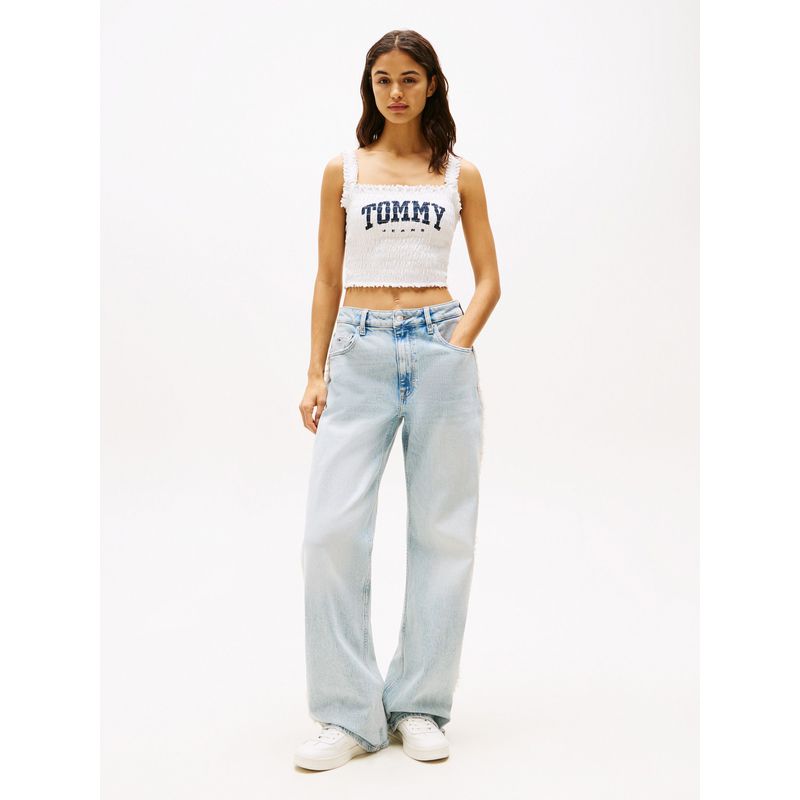 TOMMY HILFIGER - Crop Top Blanco Varsity Fruncido De Corte Slim