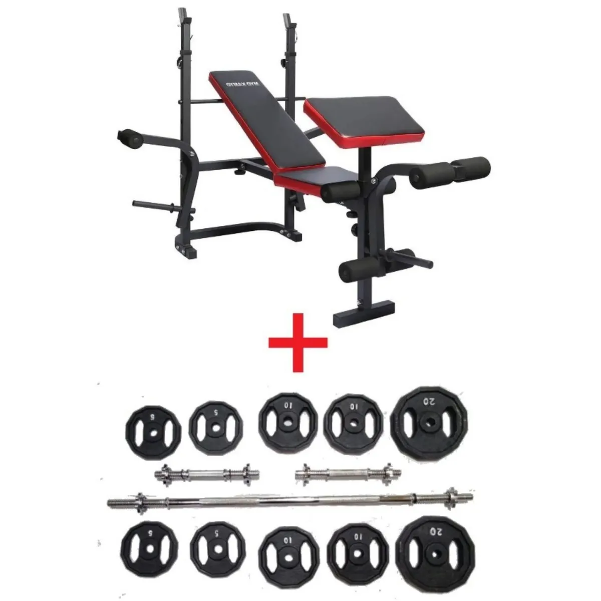 GYMAX - Combo Banco de Pesas Multifuncional + 100Lbs de Peso + Mancuernas y Barra Recta