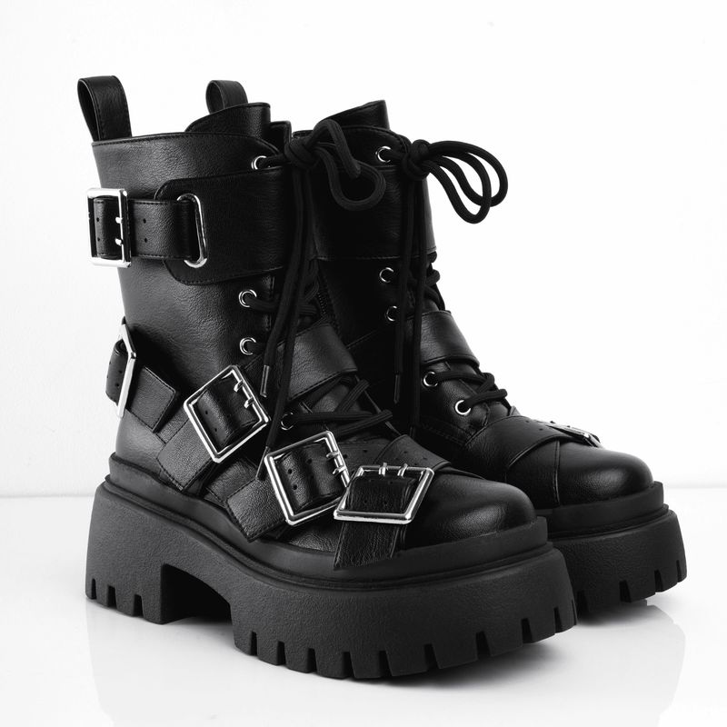 CALZADO ADRENALINA - Botas negras con cordones y múltiples correas plata newton