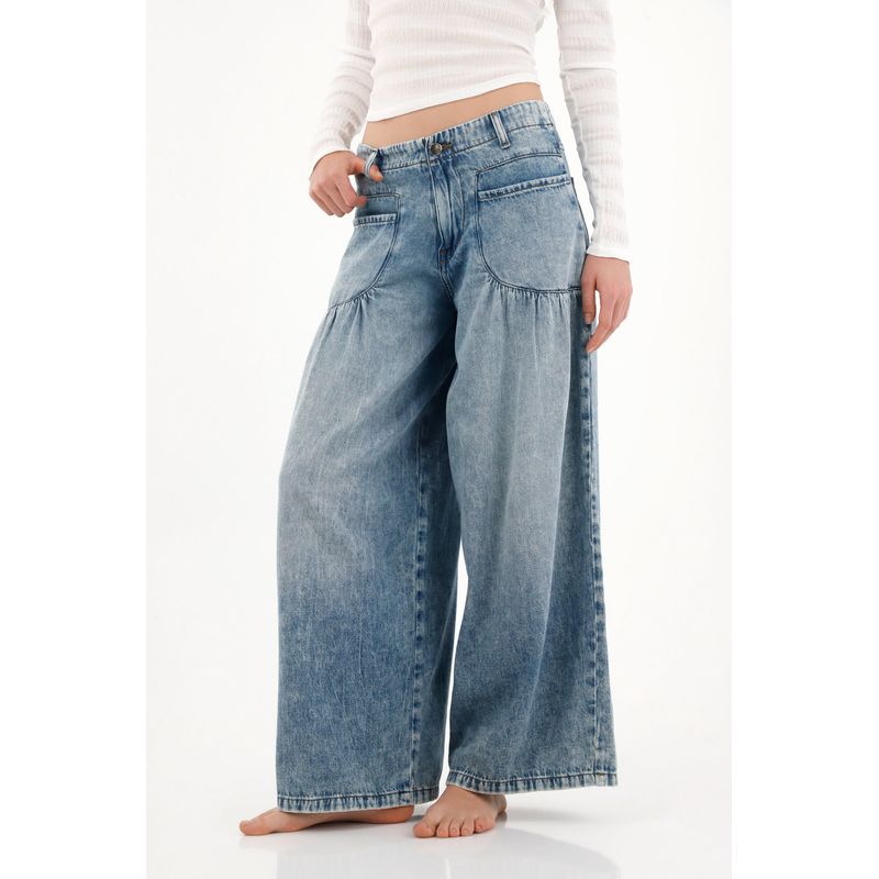TOPMARK - Jean Moda con bolsillos de parche en frente tiro alto para mujer