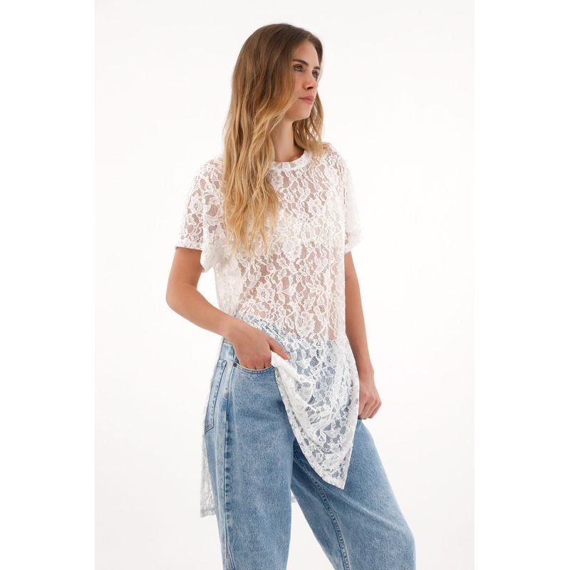 TOPMARK - Camiseta larga en encaje crudo para mujer