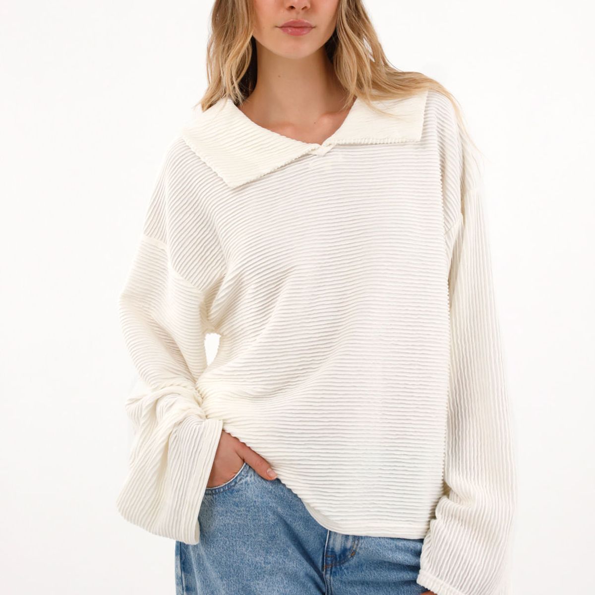 TOPMARK - Buzo manga larga amplia crudo para mujer