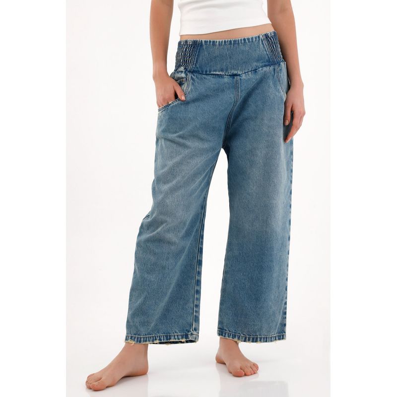 TOPMARK - Jean Moda con fajón elástico tiro alto para mujer