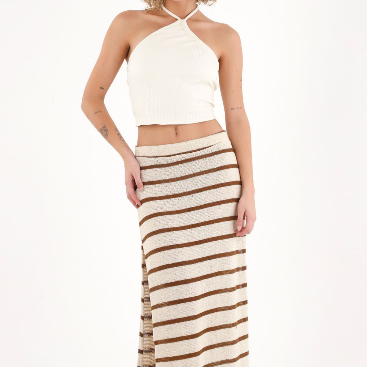 TOPMARK - Camiseta crop de tiras que anudan en cuello crudo para mujer