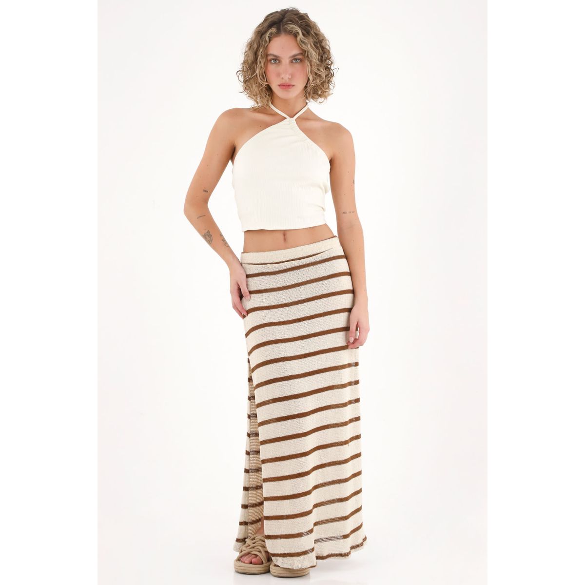 TOPMARK - Camiseta crop de tiras que anudan en cuello crudo para mujer