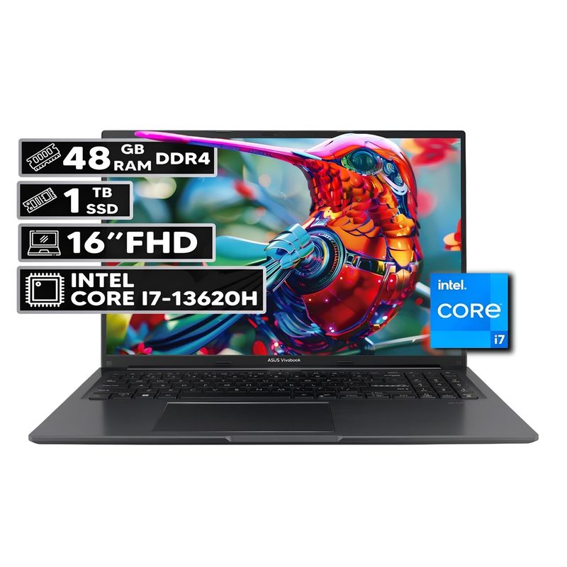 ASUS - PORTÁTIL ASUS VIVOBOOK 16 INTEL CORE I7-13620H 48GB RAM 1TB SSD 16" FHD WUXGA INDIE BLACK