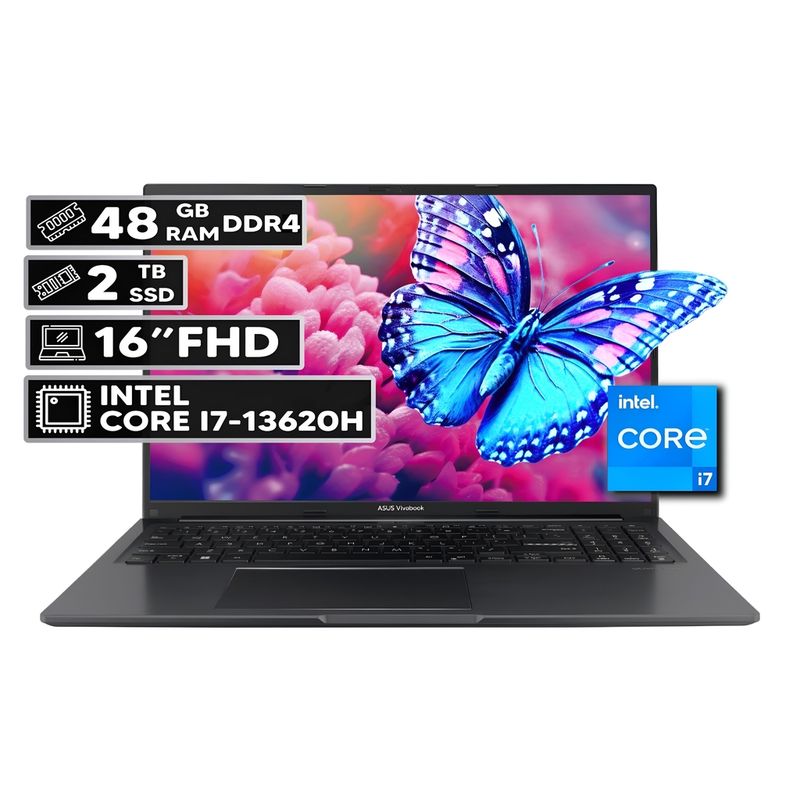 ASUS - PORTÁTIL ASUS VIVOBOOK 16 INTEL CORE I7-13620H 48GB RAM 2TB SSD 16" FHD WUXGA INDIE BLACK