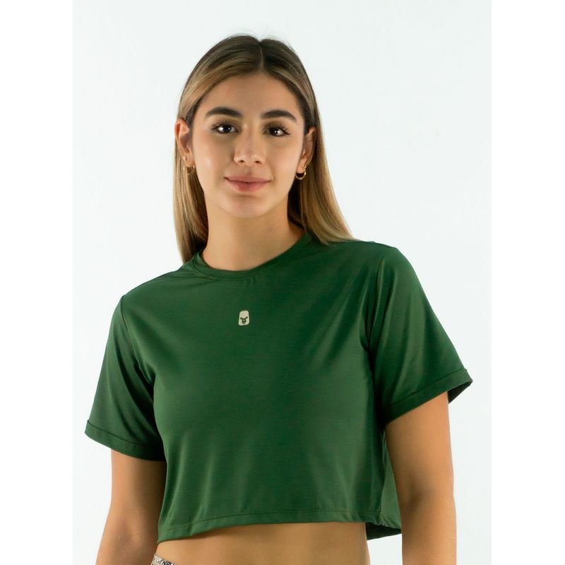 NO RULES - CAMISETA CROP TOP DEPORTIVO TELA FRIA VERDE MILITAR.
