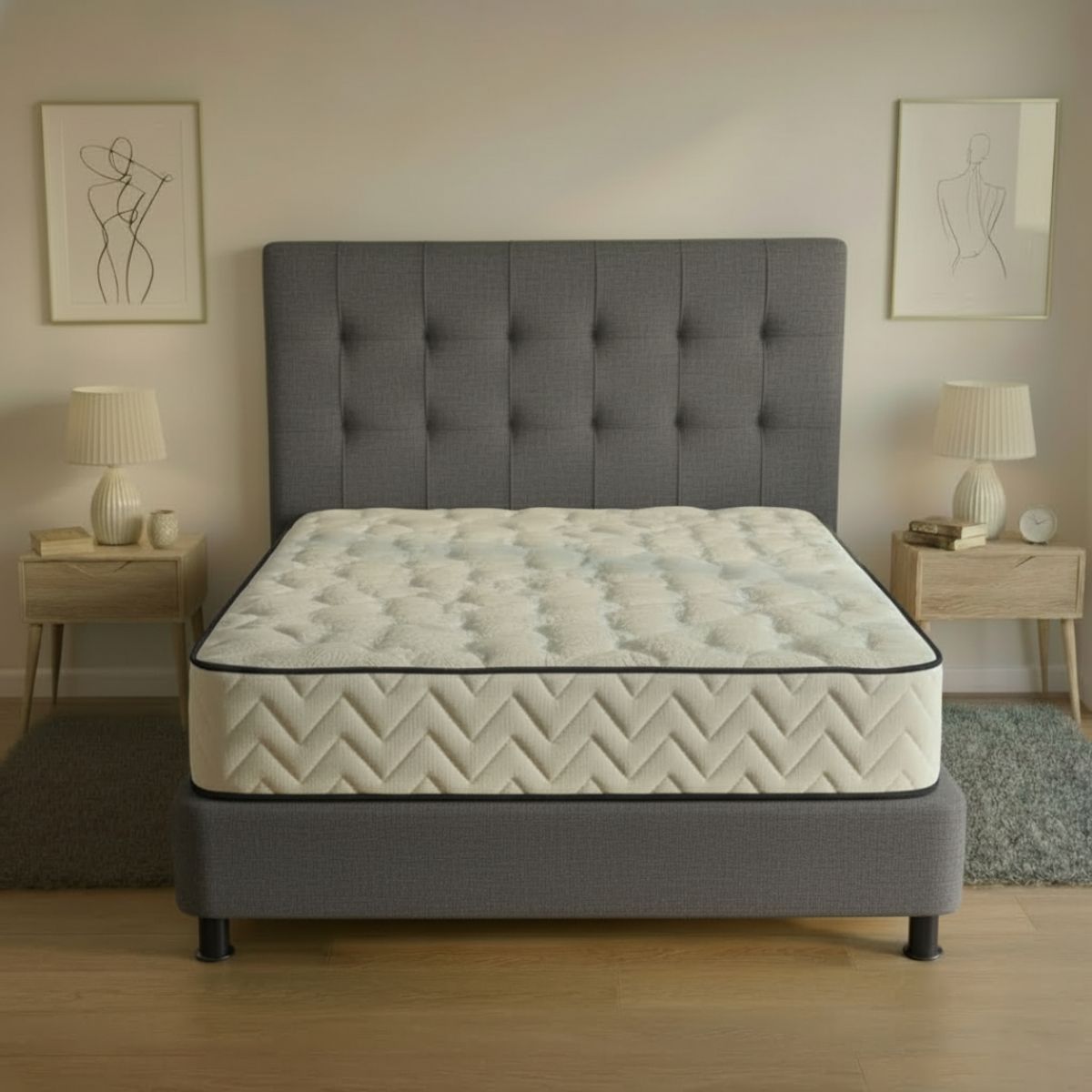 GENERICO - Combo GRIS colchón doble 140 x 190 cm firmeza media + base cama tapizada + espaldar antifluidos