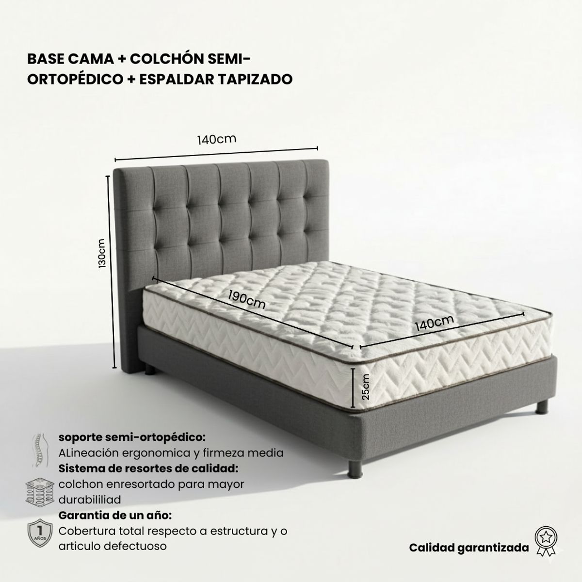 GENERICO - Combo GRIS colchón doble 140 x 190 cm firmeza media + base cama tapizada + espaldar antifluidos