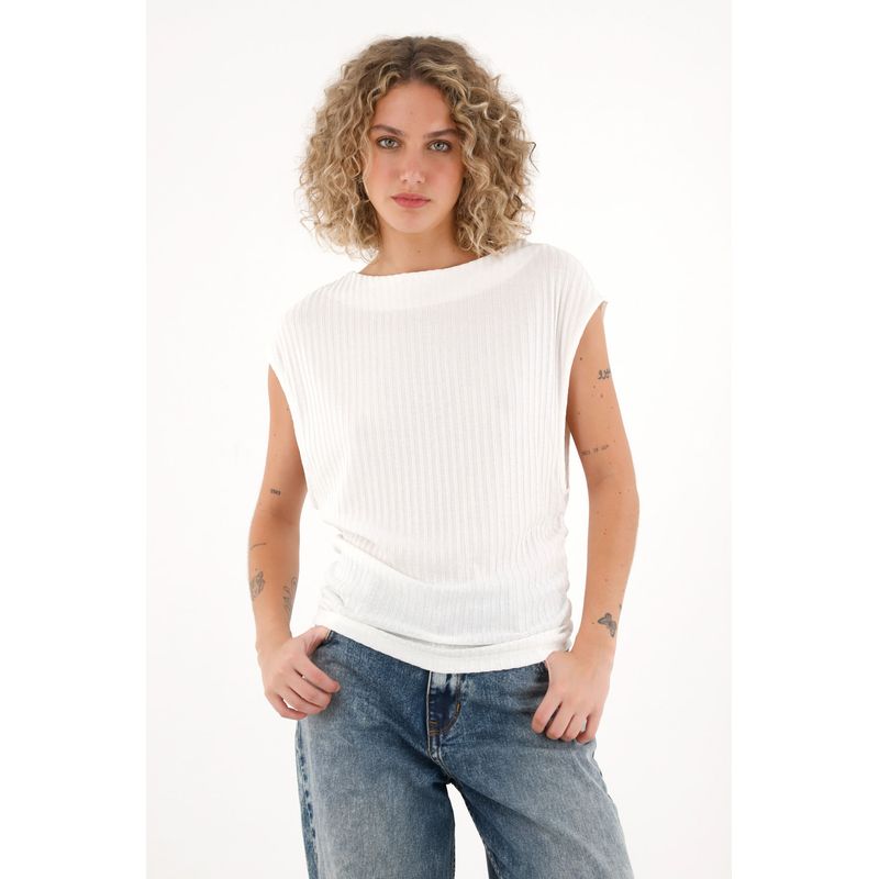 TOPMARK - Camiseta de cuello bandeja con textura a rayas crudo para mujer