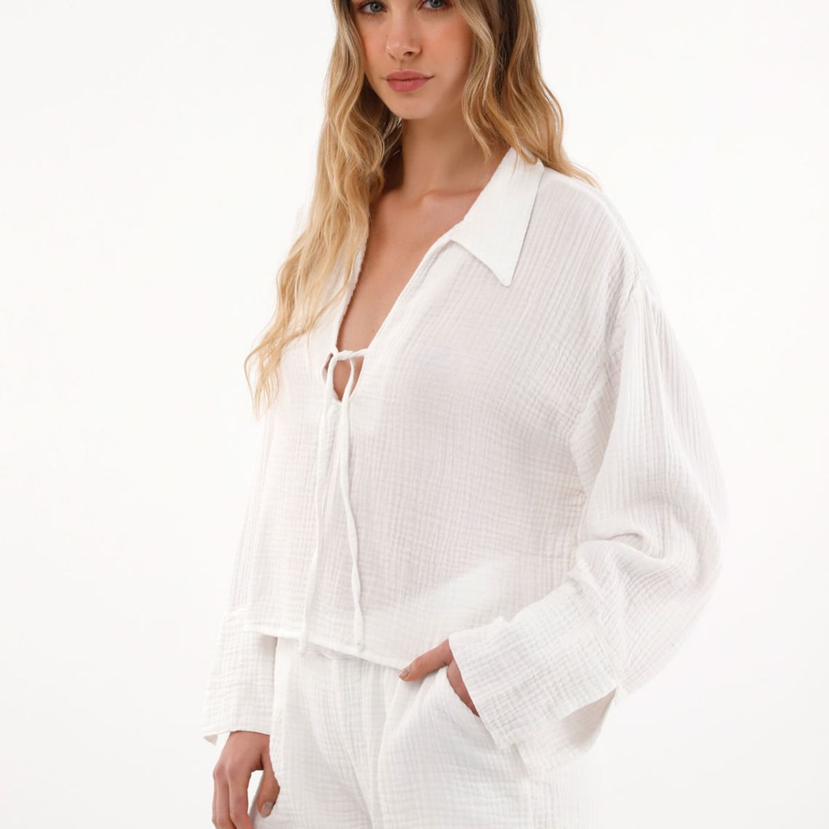 TOPMARK - Camisa manga larga con tiras en escote crudo para mujer