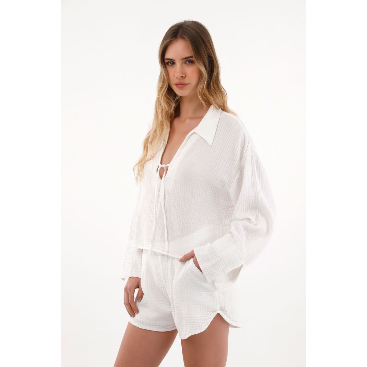 TOPMARK - Camisa manga larga con tiras en escote crudo para mujer