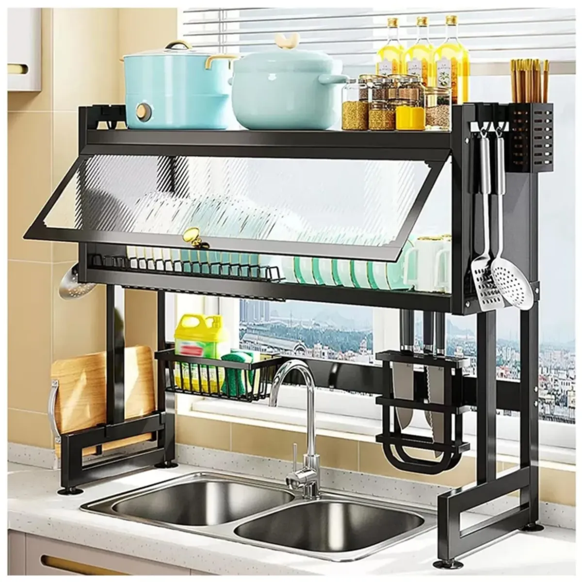 GENERICO - ORGANIZADOR Y ESCURRIDOR DE PLATOS CON TAPA EN ACERO INOXIDABLE