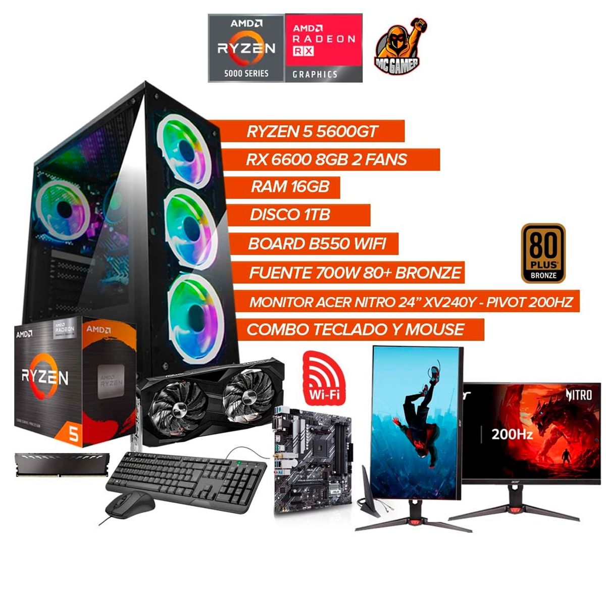 AMD - PC Gamer Ryzen 5 5600GT RX 6600 8GB Monitor 24” 200Hz Pivot 16GB RAM 1TB SSD