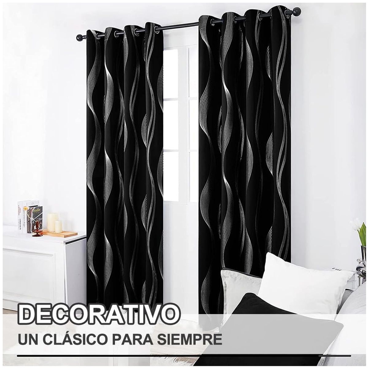 ONE PIXEL - Cortina Blackout Un Paño 132x214cm Aislante Color Negro Con Diseño