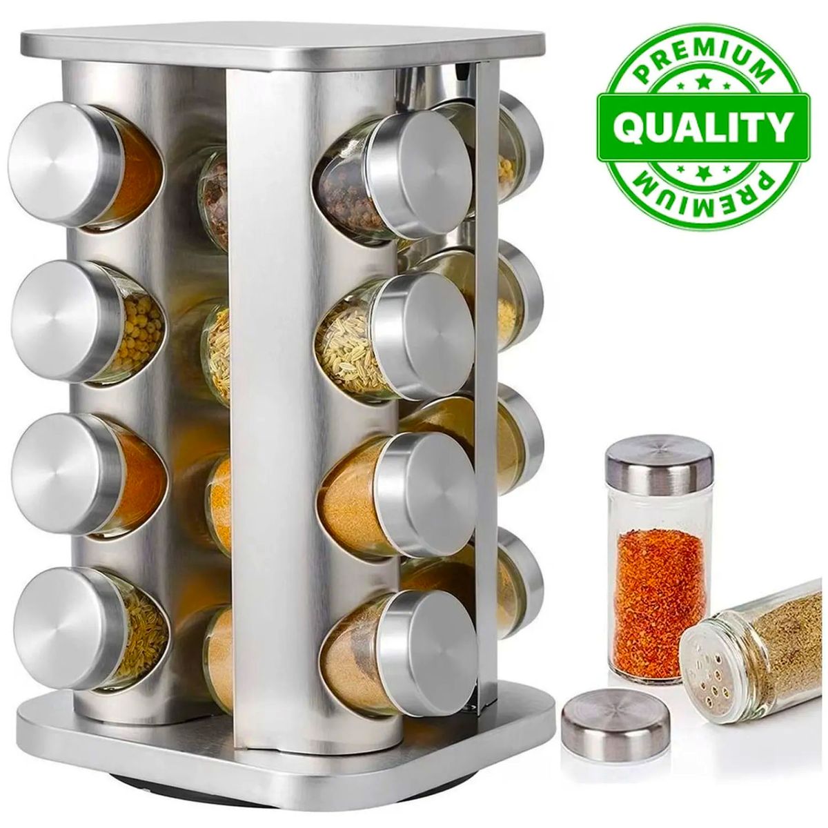 ONE PIXEL - Condimentero X16 Frascos Giratorios Acero Inoxidable Para Cocina