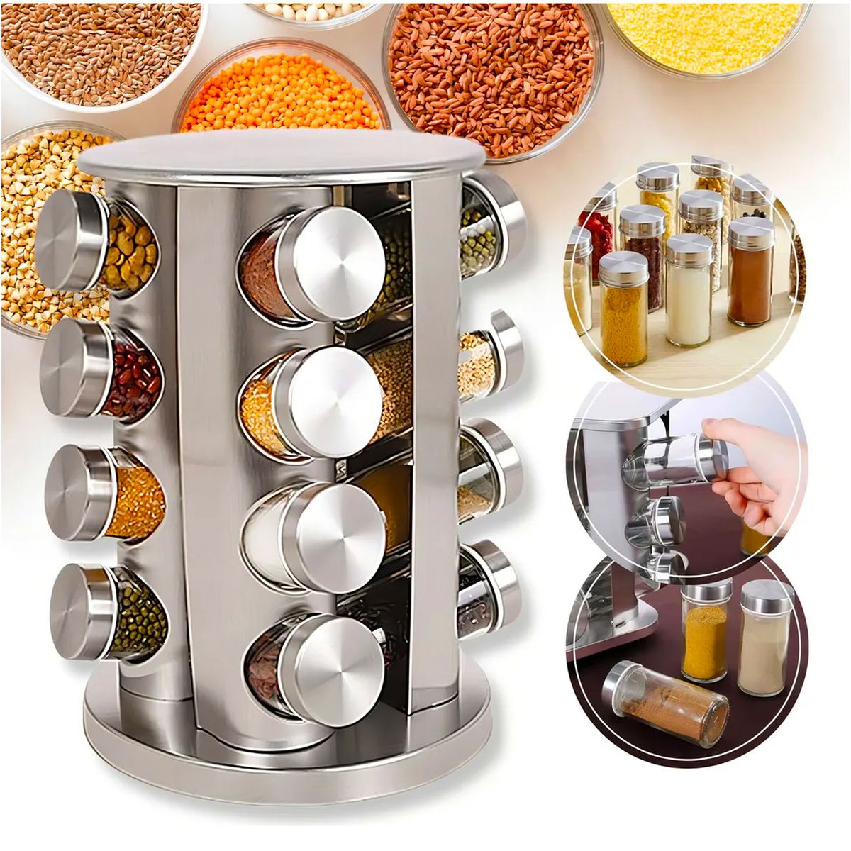 ONE PIXEL - Condimentero X16 Frascos Giratorios Acero Inoxidable Para Cocina