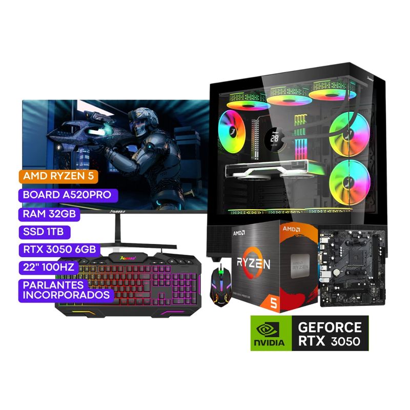 JANUS - COMPUTADOR PC GAMER  R5 4600G 3,7GHZ RTX 3050 6GB 32 GB RGB/1 TB SSD 22" FHD.