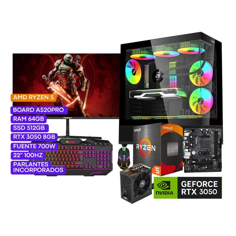 JANUS - COMPUTADOR PC GAMER R5 4600G 3,7GHZ RTX 3050 8GB 64/512 BOARD A520PRO 22" 100Hz