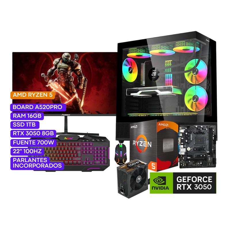 JANUS - COMPUTADOR PC GAMER R5 4600G 3,7GHZ RTX 3050 8GB 16 GB RGB/1 TB SSD 22" 100Hz