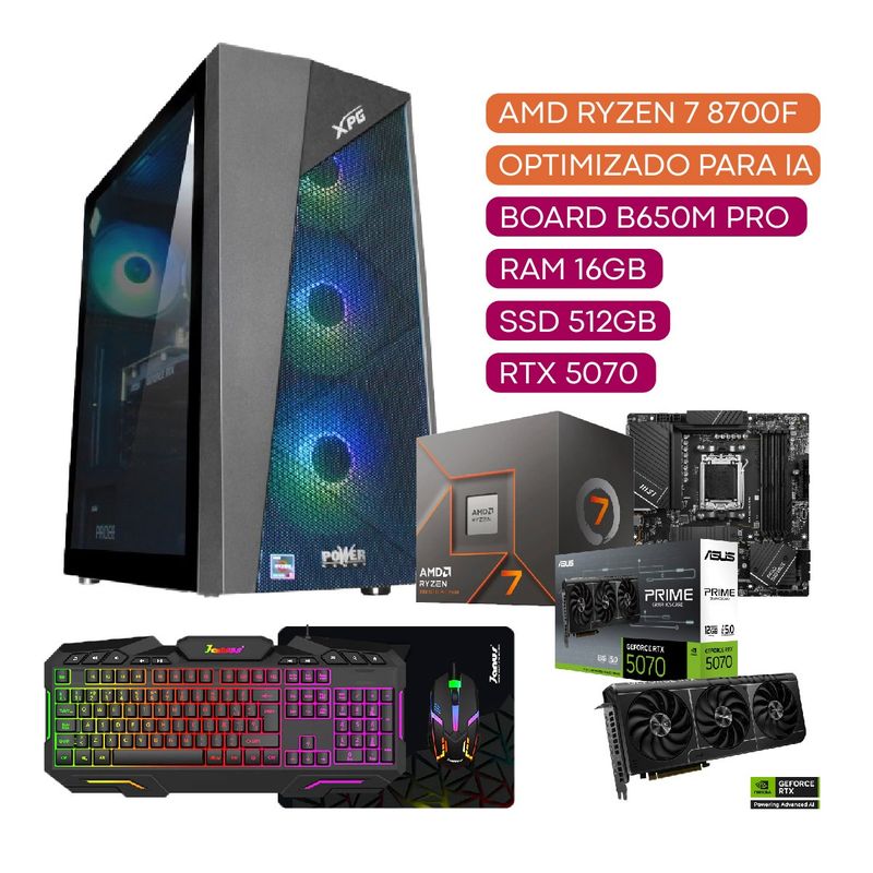 POWER GROUP - COMPUTADOR TORRE GAMER AMD RYZEN 7 8700F 16 DDR5 RGB/512 SSD  RTX 5070 12 GB IA.