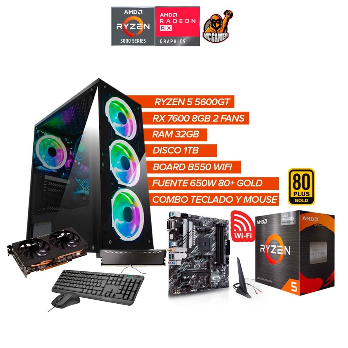 AMD - Torre Gamer Ryzen 5 5600GT RX 7600 8GB RAM 32GB SSD 1TB WiFi Fuente 650W 80+GOLD