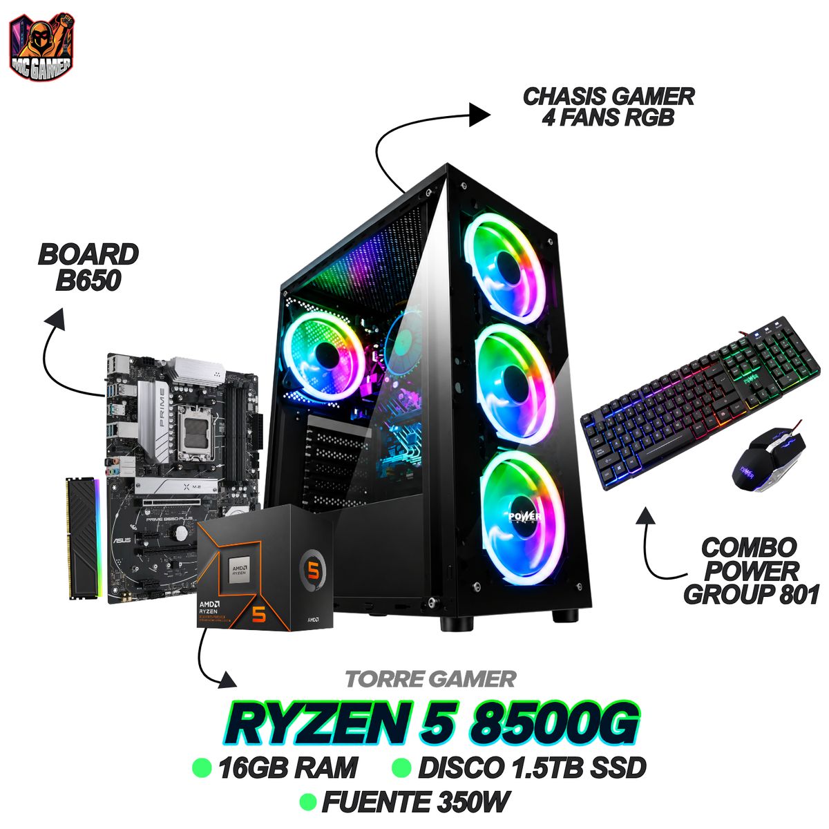 AMD - TORRE GAMING READY - RYZEN 5 8500G - 16GB RAM - 1.5TB SSD + WINDOWS 11 | COMBO POWER GROUP 801