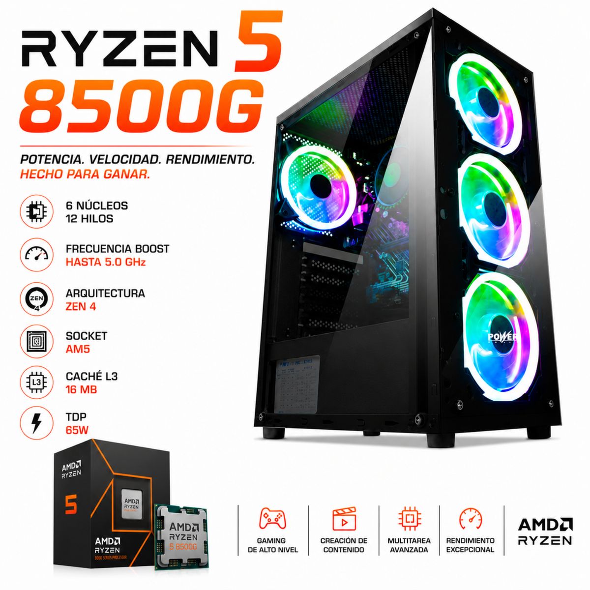 AMD - TORRE GAMING READY - RYZEN 5 8500G - 16GB RAM - 1.5TB SSD + WINDOWS 11 | COMBO POWER GROUP 801