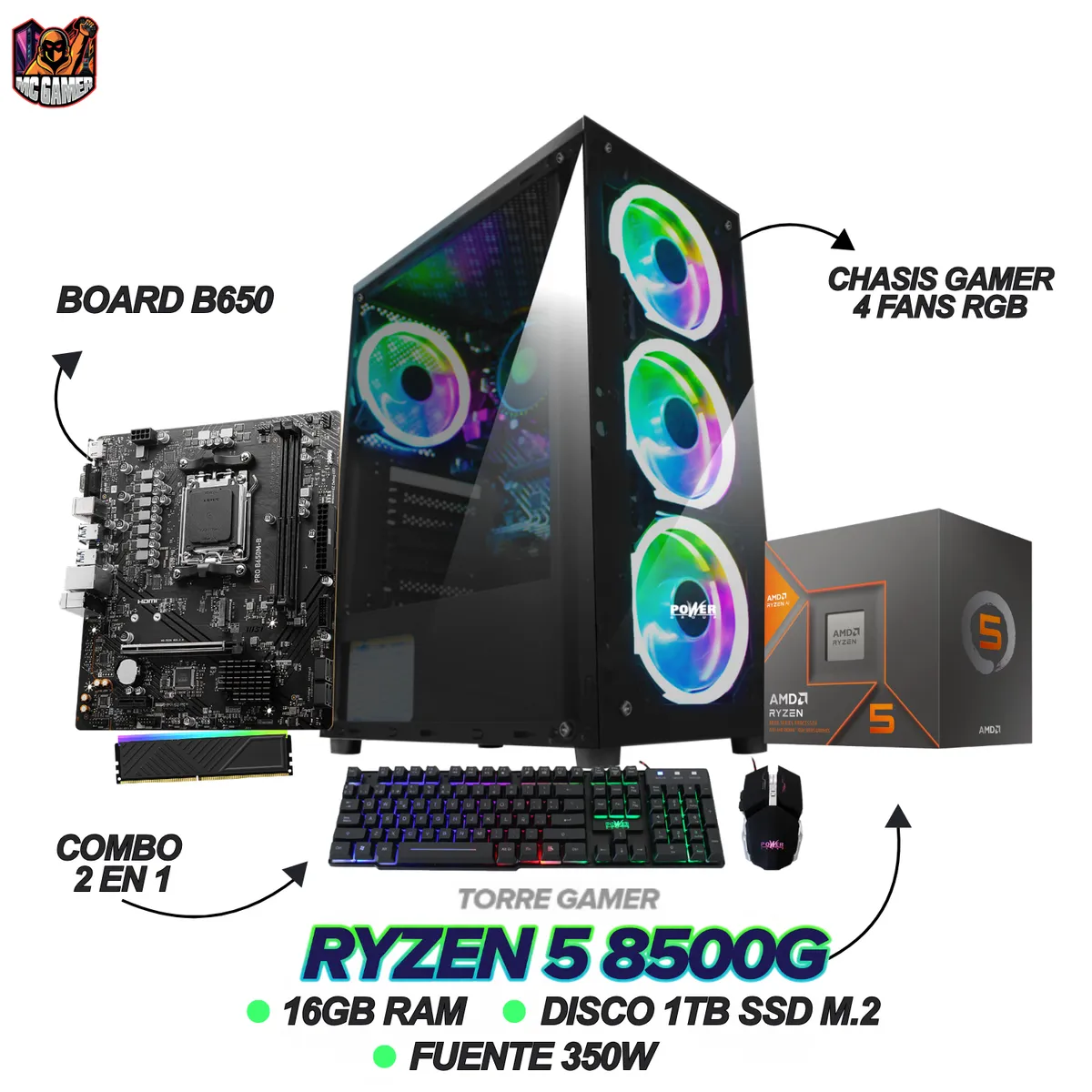 AMD - TORRE GAMER RYZEN 5 8500G - 16GB RAM DDR5 - 1TB SSD - BOARD B650 + COMBO 2 EN 1
