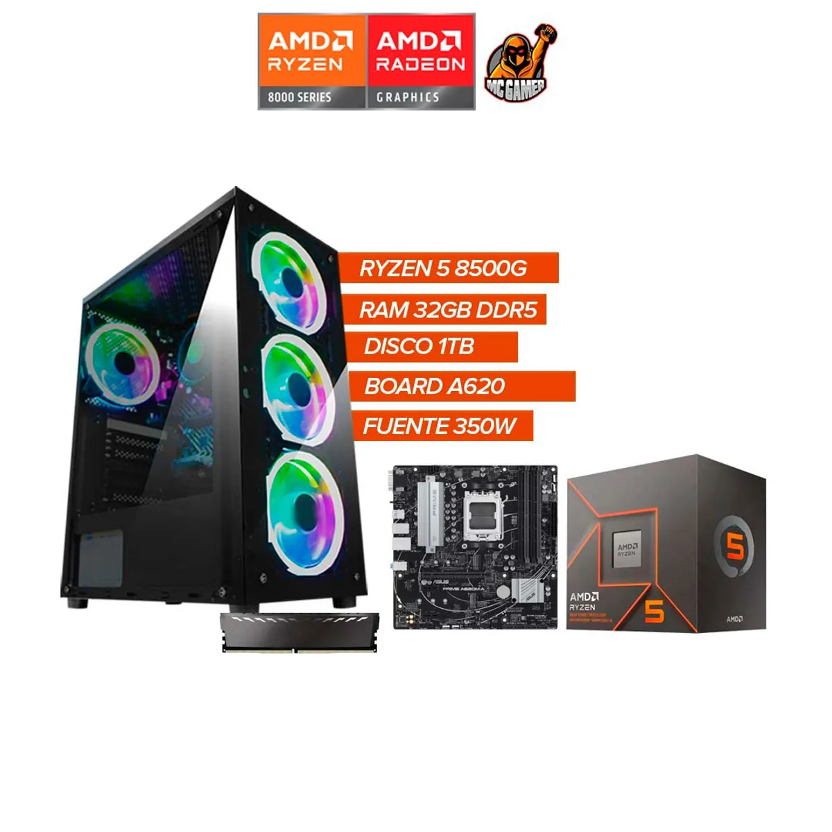 AMD - PC Gamer Ryzen 5 8500G / RAM 32GB DDR5 / SSD 1TB / Board A620 / Fuente 350W