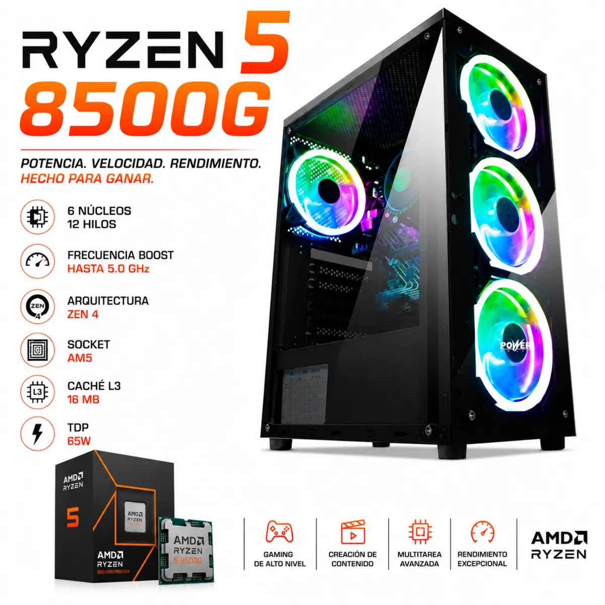 AMD - TORRE GAMING READY - RYZEN 5 8500G - 16GB RAM - 512GB SSD - B650 + WINDOWS 11